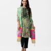Floral printed georgette pattern style salwar kameez. Karchupi with mirror, a chic mandarin collar with three-quarter sleeves. Matching dupatta with pant-style pajamas.