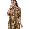 Multi-color A-line Tunic in printed Georgette fabric. Feature a band neck with hook closure at the front and three-quarter sleeves. Pin tucks and patch attachment at the top front. Pleats from the waistline. Unlined.