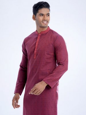 Red fitted panjabi in Jacquard Cotton fabric. Designed with a mandarin collar and hidden button placket.