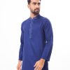 Blue fitted Panjabi in Cotton fabric. Embellished with embroidery on the collar and hidden button placket.