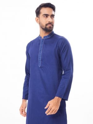 Blue fitted Panjabi in Cotton fabric. Embellished with embroidery on the collar and hidden button placket.