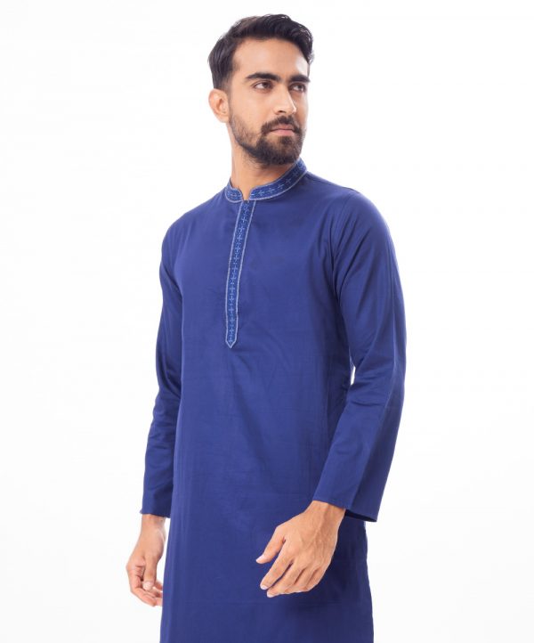 Blue fitted Panjabi in Cotton fabric. Embellished with embroidery on the collar and hidden button placket.