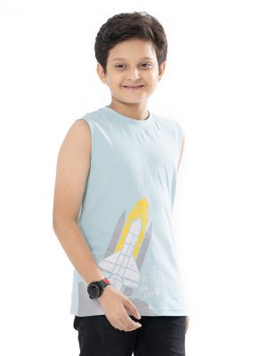 Blue sleeveless T-shirt in Cotton single jersey fabric. Designed with a crew neck and print at the front.