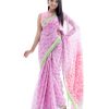 Pink all-over printed Cotton Saree with contrast green border. Embellished with embroidery on the achal.