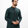 Green fitted Panjabi in Jacquard Cotton fabric. Embellished with embroidery on the collar and placket.
