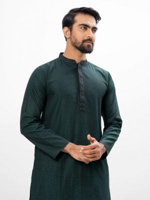 Green fitted Panjabi in Jacquard Cotton fabric. Embellished with embroidery on the collar and placket.