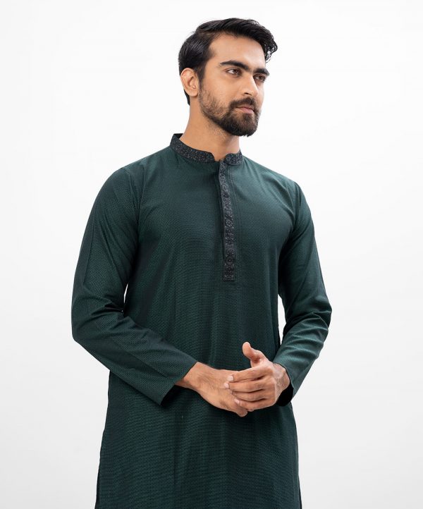 Green fitted Panjabi in Jacquard Cotton fabric. Embellished with embroidery on the collar and placket.