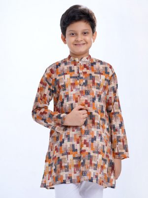 Multi-color Panjabi in printed Cotton fabric. Matching metal button opening on the chest.
