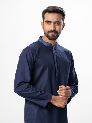 Blue fitted Panjabi in jacquard Cotton fabric. Designed with embroidery on the collar and hidden button placket.