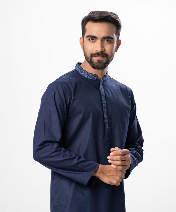Blue fitted Panjabi in jacquard Cotton fabric. Designed with embroidery on the collar and hidden button placket.