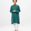 Green Panjabi in Cotton fabric. Designed with a mandarin collar and matching metal buttons on the placket. Embellished with karchupi at the top front.