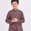 Black Panjabi in colorfully printed Cotton fabric. Matching metal button opening on the chest.
