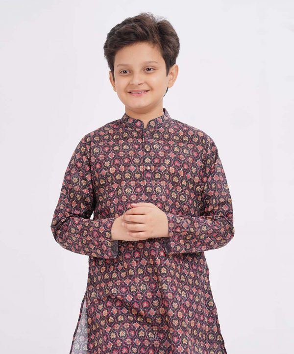 Black Panjabi in colorfully printed Cotton fabric. Matching metal button opening on the chest.