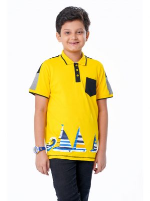 Yellow Polo Shirt in Cotton Pique fabric. Designed with a classic collar, short sleeves and front pocket. Contrast tipping at the collar and cuffs. Contrast cut and sew details at the shoulder and sleeves. Ship printed at the front.