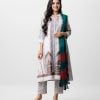 Printed A-line salwar kameez in viscose fabric. Pearl buttons and stand collar at front. Dyed dupatta with pant-style pajamas.