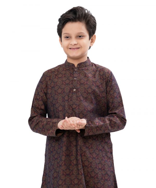 Chocolate Panjabi in Jacquard Cotton fabric. Designed with a mandarin collar and matching metal buttons on the placket.