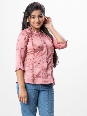 Pink all-over printed A-line Woven Top in Crepe fabric. Designed with a frilled round neck and three-quarter sleeves. Frills detailing at the front and cuffs. Button opening at the back.