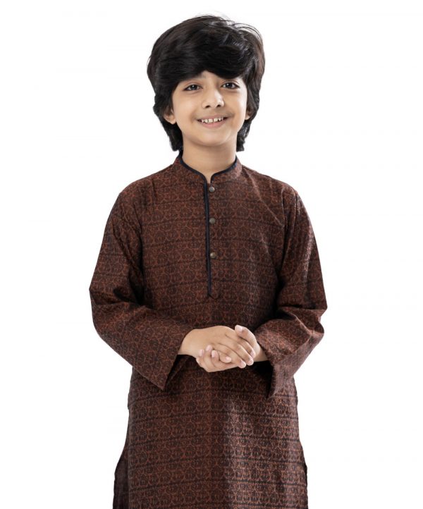 Brown Panjabi in Jacquard Cotton fabric. Designed with a mandarin collar and matching metal buttons on the placket.