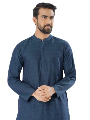 Teal fitted Panjabi in Jacquard Cotton fabric. Designed with a mandarin collar and hidden button placket.