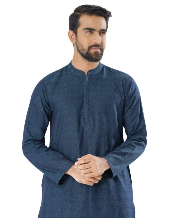 Teal fitted Panjabi in Jacquard Cotton fabric. Designed with a mandarin collar and hidden button placket.