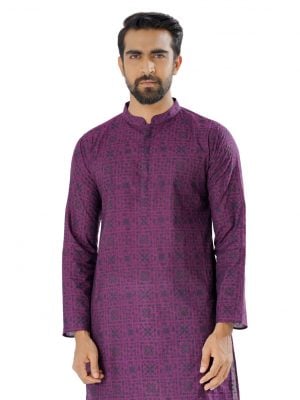 Purple semi-fitted Panjabi in printed Cotton fabric. Designed with a mandarin collar and hidden button placket.
