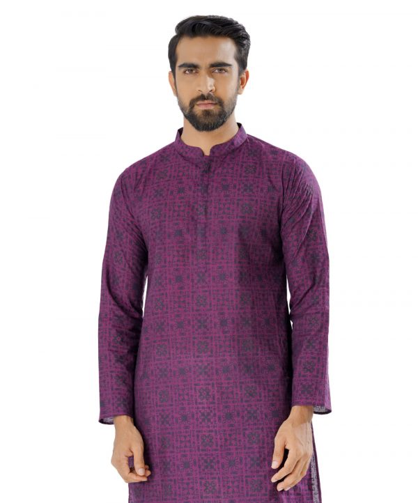 Purple semi-fitted Panjabi in printed Cotton fabric. Designed with a mandarin collar and hidden button placket.