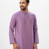 Purple fitted Panjabi in Jacquard Cotton fabric. Designed with a mandarin collar and matching metal buttons on the placket. Embellished with pin tucks at the top front.