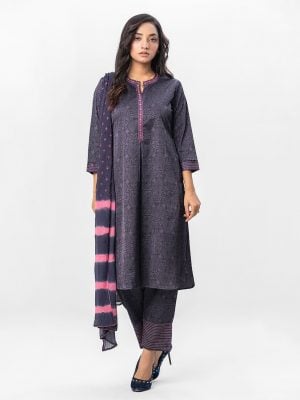 A-line salwar kameez in crepe fabric. Three quarter sleeved, karchupi on the collar and placket. Tie-dye dupatta with pant-style pajamas.