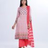 Pink all-over printed Salwar Kameez in textured Silk-blend and viscose fabric. The Kameez is designed with a round neck and three-quarter sleeves. Embellished with karchupi at the top front and cuffs. Single button opening at the back. Complemented by palazzo pants and a half-silk dupatta.