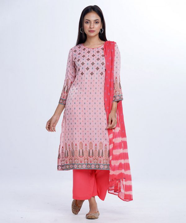 Pink all-over printed Salwar Kameez in textured Silk-blend and viscose fabric. The Kameez is designed with a round neck and three-quarter sleeves. Embellished with karchupi at the top front and cuffs. Single button opening at the back. Complemented by palazzo pants and a half-silk dupatta.