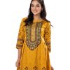 Yellow all-over printed A-line Tunic in Crepe fabric. Designed with a low mock neck and three-quarter sleeves. Embellished with karchupi at the top front. Pleats from the waistline. Single button opening at the back. Unlined.