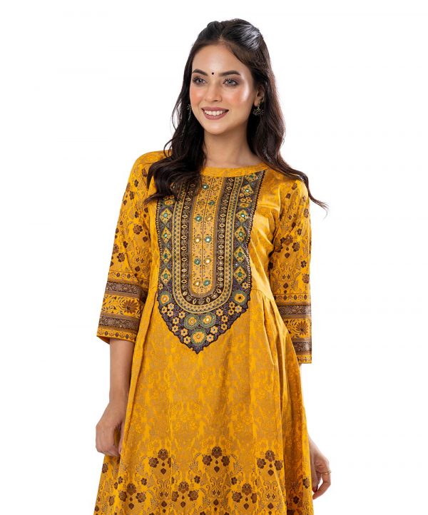 Yellow all-over printed A-line Tunic in Crepe fabric. Designed with a low mock neck and three-quarter sleeves. Embellished with karchupi at the top front. Pleats from the waistline. Single button opening at the back. Unlined.