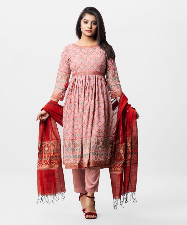 A-line style pink salwar kameez in georgette fabric. Three quarter sleeved, boat neck. Gathers from the waist line.