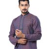 Blue semi-fitted Panjabi in Jacquard Cotton fabric. Embellished with embroidery on the collar and placket. Matching metal button fastening on the chest.