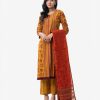 Floral printed viscose A-line salwar kameez. Three Quarter sleeves, round neckline. Half-silk dupatta with straight palazzo.