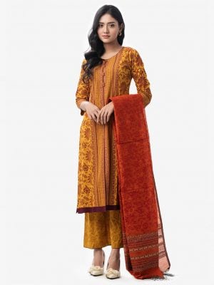 Floral printed viscose A-line salwar kameez. Three Quarter sleeves, round neckline. Half-silk dupatta with straight palazzo.