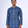 Blue semi-fitted Panjabi in printed Cotton fabric. Designed with swing stitches on the collar and hidden button placket.