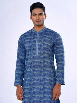 Blue semi-fitted Panjabi in printed Cotton fabric. Designed with swing stitches on the collar and hidden button placket.