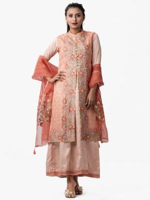 Exclusive gown and shrug-style salwar kameez set from Nargisus by Le Reve. Floral printed muslin shrug with karchupi. Sleevless crepe gown with muslin dupatta.