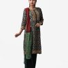 Three quarter sleeved straight salwar kameez in viscose fabric. All over printed, karchupi and buttons at front. Chiffon dupatta with crepe palazzo pants.