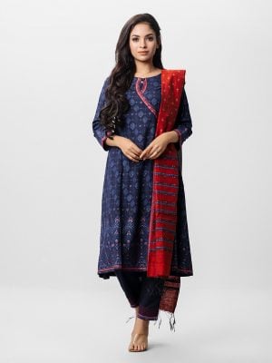 A-line salwar kameez in viscose fabric. Three quater sleeved, keyhole round neckline with embroidery at front. Half-silk dupatta with pant-style pajamas.