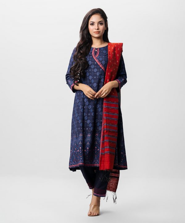 A-line salwar kameez in viscose fabric. Three quater sleeved, keyhole round neckline with embroidery at front. Half-silk dupatta with pant-style pajamas.