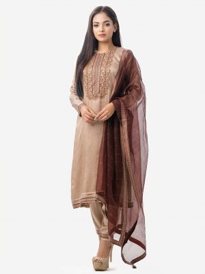 Straight salwar kameez in silk & viscose blended fabric. Full sleeved, karchupi at front. Muslin dupatta with pant-style pajamas.