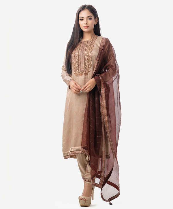 Straight salwar kameez in silk & viscose blended fabric. Full sleeved, karchupi at front. Muslin dupatta with pant-style pajamas.