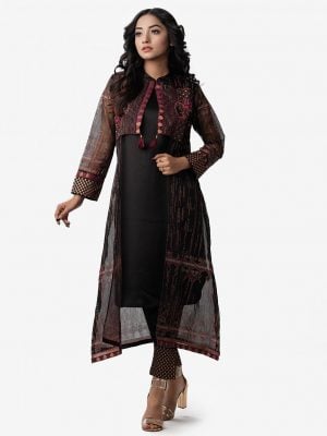 Full sleeved A-line shrug in muslin fabric. Mandarin collar, karchupi with beads, sequins and tassel. Black staright sleeveless kameez with crepe fabric. Pank cut crepe pajamas.