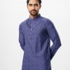 Blue fitted Panjabi in Jacquard Cotton fabric. Designed with a mandarin collar and matching metal button on the placket. Embellished with pin tucks at the top front.