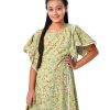 Lemon Green wrap style Frock in printed Georgette fabric. Designed with a round neck and overlap flounce sleeves. Detailed with princess cut at the front. Lace attachment at the front and cuffs. Button opening at the back. Viscose lining in half-body.