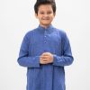 Blue Panjabi in Jacquard Cotton fabric. Designed with a mandarin collar and matching metal buttons on the placket. Embellished with karchupi at the top front.