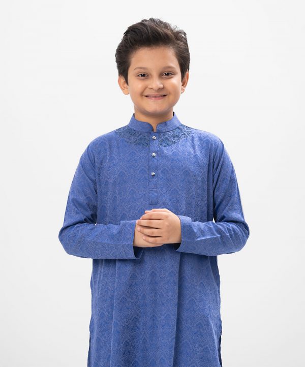 Blue Panjabi in Jacquard Cotton fabric. Designed with a mandarin collar and matching metal buttons on the placket. Embellished with karchupi at the top front.