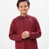 Maroon Panjabi in Jacquard Cotton fabric. Designed with a mandarin collar and matching metal buttons on the placket. Embellished with karchupi at the top front.